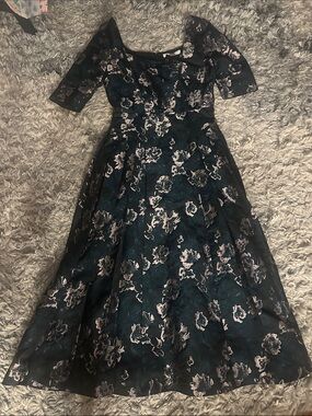 Kay Unger Teal and Blush Floral Midi Dress (NWT)